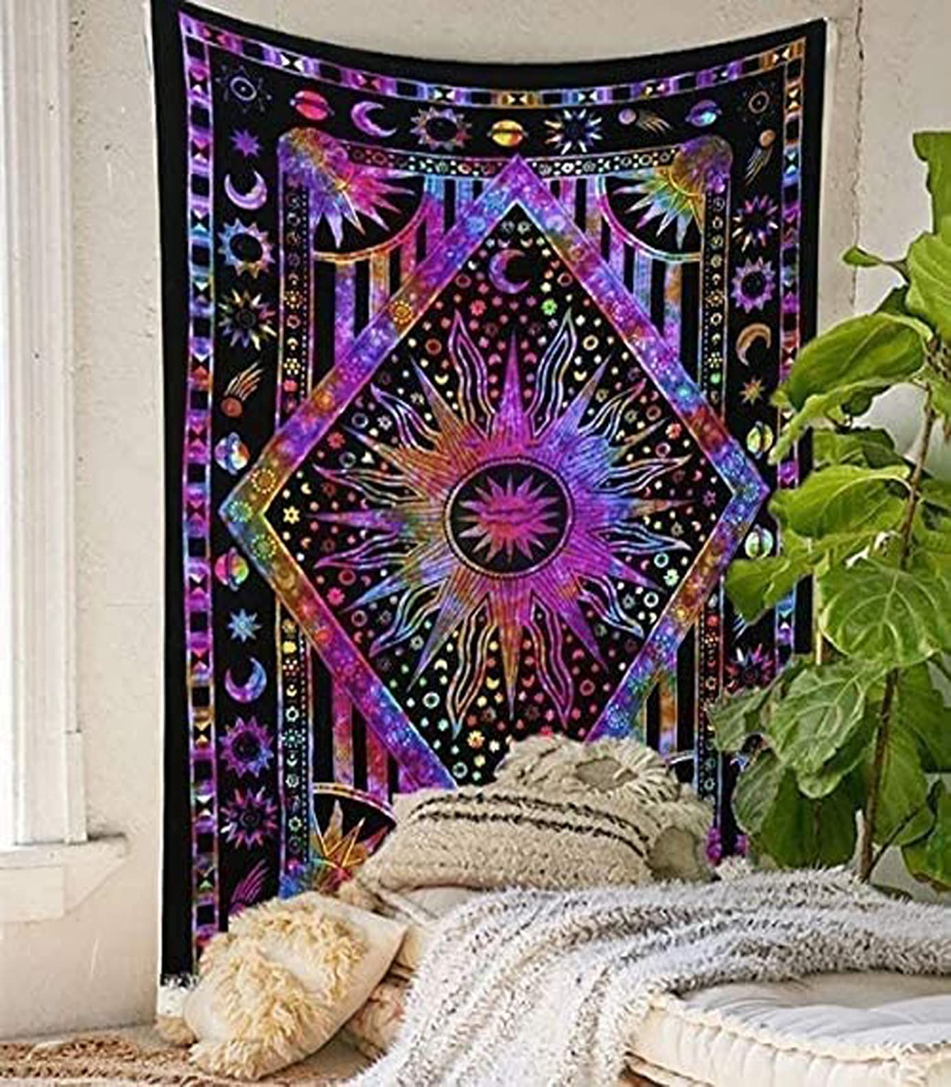 Rajsee Burning Sun Tie Dye Tapestry - Bedroom Aesthetic Mandala Tarot Wall Hanging - Indie Cotton Celestial Wall Décor - Trippy Boho Tapestry - 52x60