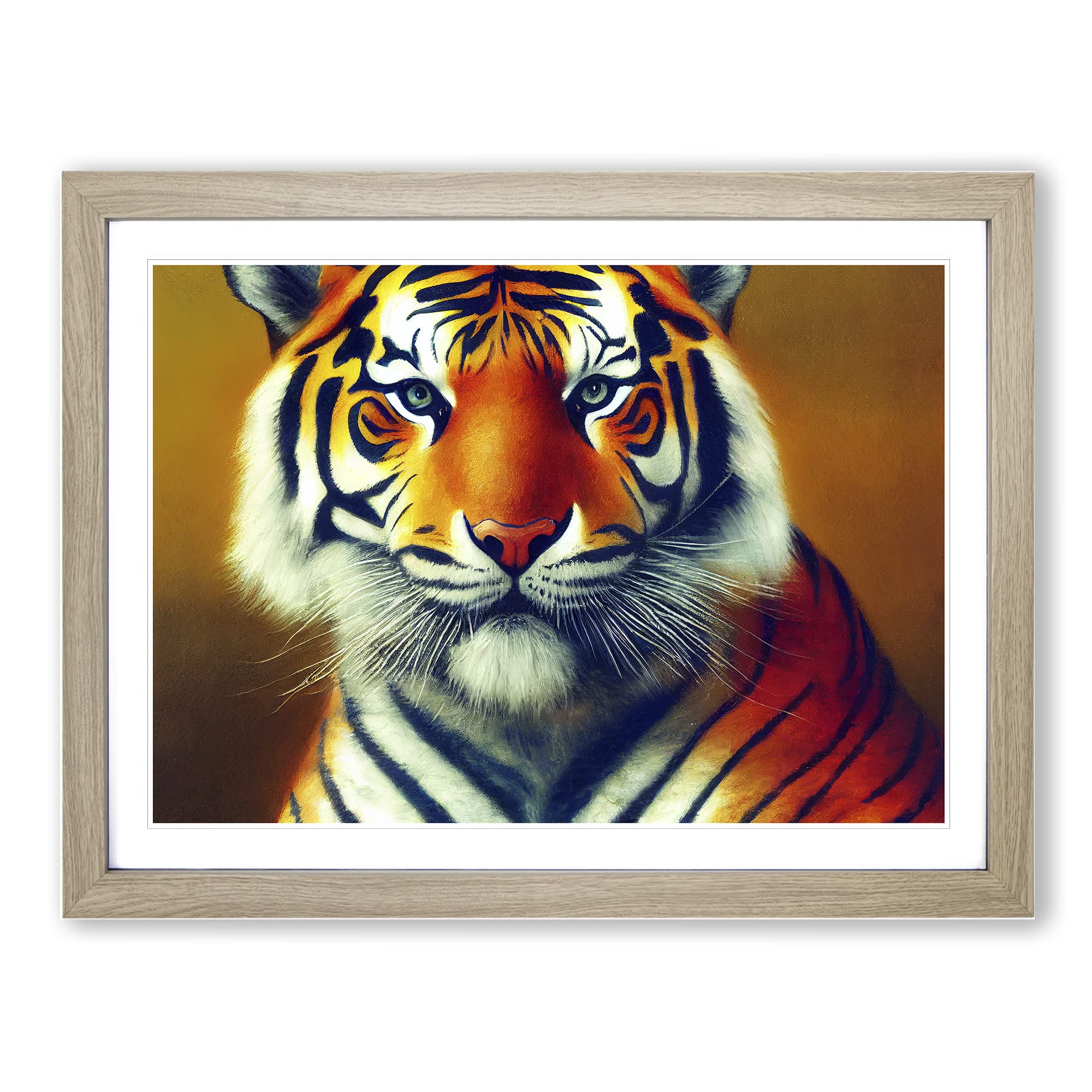 Sacred Tiger Framed Print | A4 Oak Framed Wall Art | Ready to Hang | Modern Animal Picture | Living Room Bedroom Lounge Office