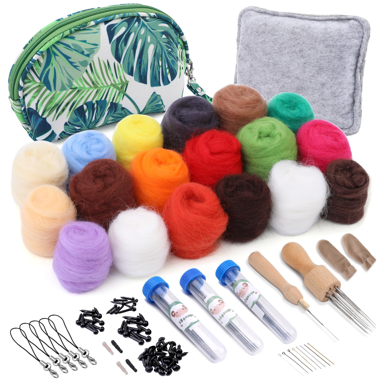 Doxiru Needle Felting Kit, 18 Colors Wool Roving, Needle Felting Tool Starter Kit with Wool Felt Pad, Wooden Handle for DIY Felted Craft Home Decoration for Beginners Adults