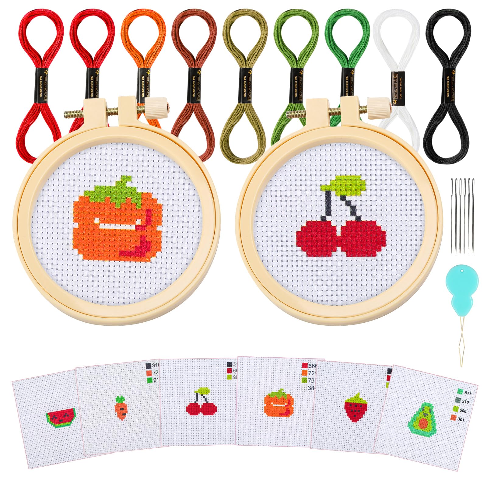 Ysimple Embroidery Kits Cross Stitch Beginner Kit Includes 6 Project Patterned and 2pcs Embroidery Hoops, 18 Skeins, Needle Point Starter Kit Sewing Set with Instructions (Fruits)