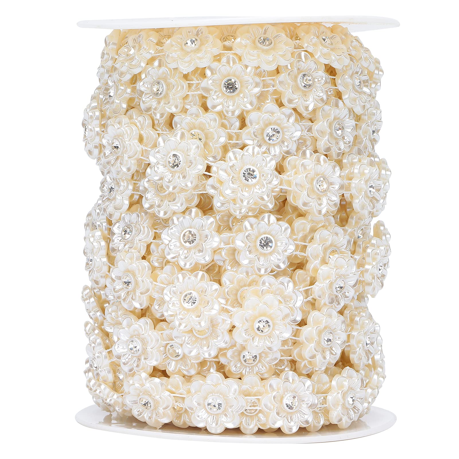 4.5m/177.16in Sewing Beaded Trim,Faux Flower Pearl Rhine Stone Trim Crystal Close Chain Applique,White Pearl Bead Roll and Pearl Trim Garland, String of Pearls for DIY Crafts,Wedding Party Decoration