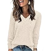 SunnyMelody Womens Casual V Neck Ribbed Knit Long Sleeve Sweater Fall Tops 2025 Trendy Lightweight Sweaters