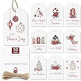 AUDREE 50 Pcs Christmas Gift Tags with String - Elegant Red & White Holiday Tags - Christmas Name Tags for Gifts - Hanging Labels Decoration Xmas Winter Holiday Present DIY Crafts