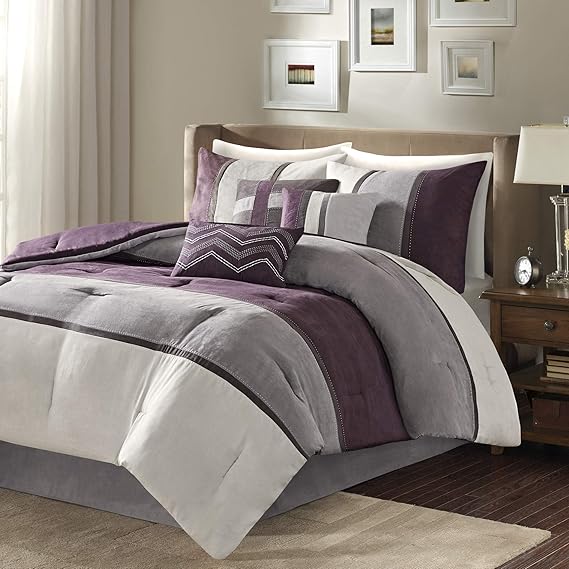 Madison Park Palisades 7 Piece Faux Suede Comforter Set, Queen, Purple