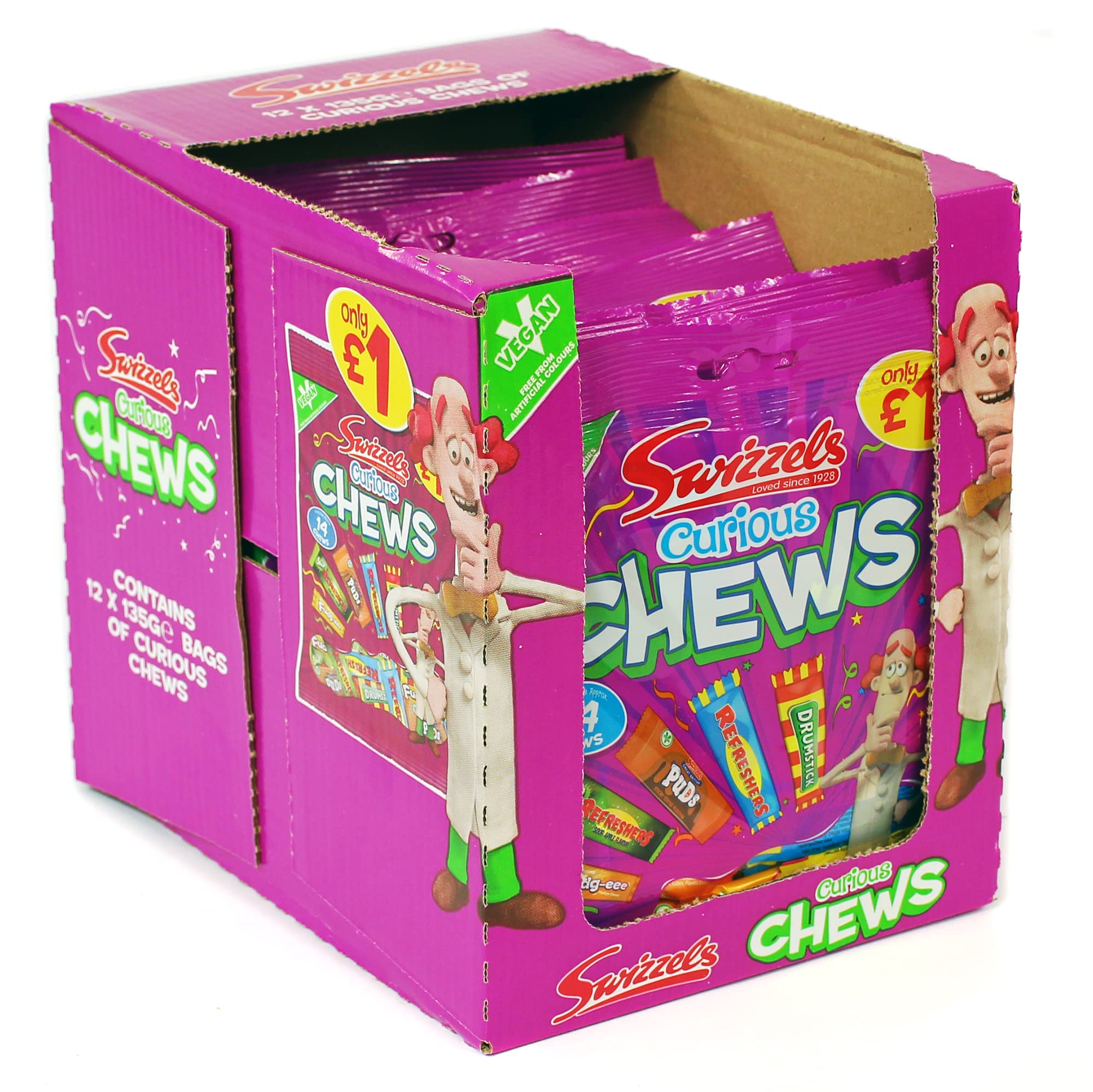 Swizzels Curious Chew Sweets, Mixed Bag of Vegan Chewy Sweets, 12x135g Bags (Approximately 14 Sweet Chews Per Bag)