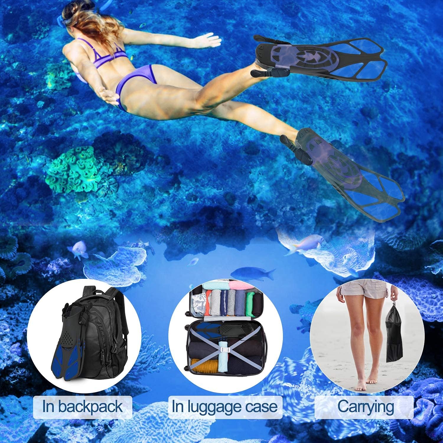 Greatever Snorkel Fins Adjustable Buckles Open Heel Swim Flippers Travel Size Short Swim Fins for Snorkeling Diving Swimming Adult Men Womens : Sports & Outdoors