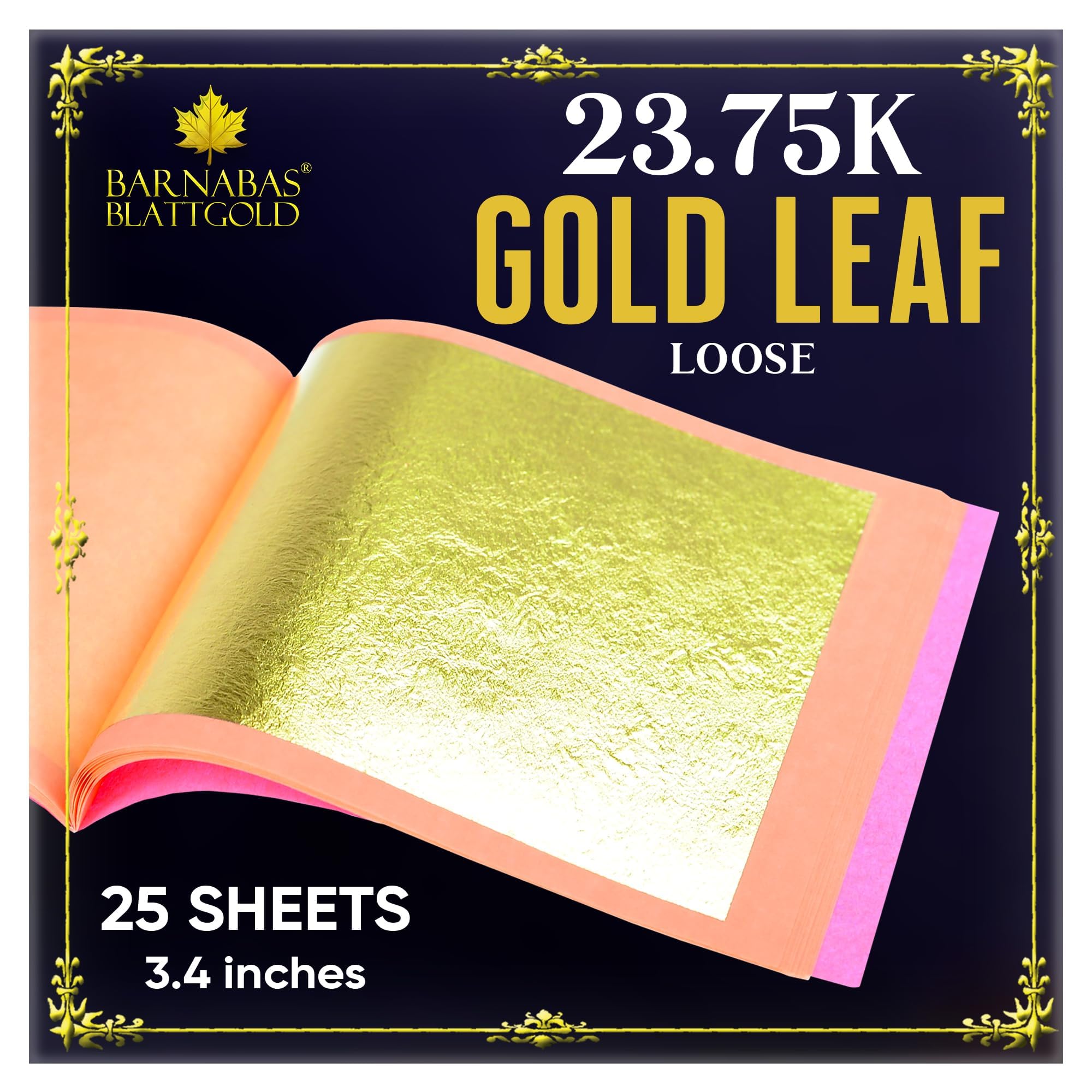 Barnabas Blattgold Gold Leaf - 23.75K Real Gold [25 Sheets, 3.4 inches] - Loose Sheets for Painting, Arts and Crafts