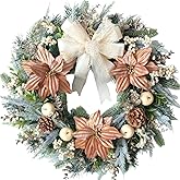 Egolot 24 Inch Winter Christmas Pink Poinsettia Flower Wreath for Front Door, Winter XMAS Wreath with Lace Bow White Berries Apples for Indoor Outdoor, Rustic Farmhouse Christmas Wreath for Home Decor