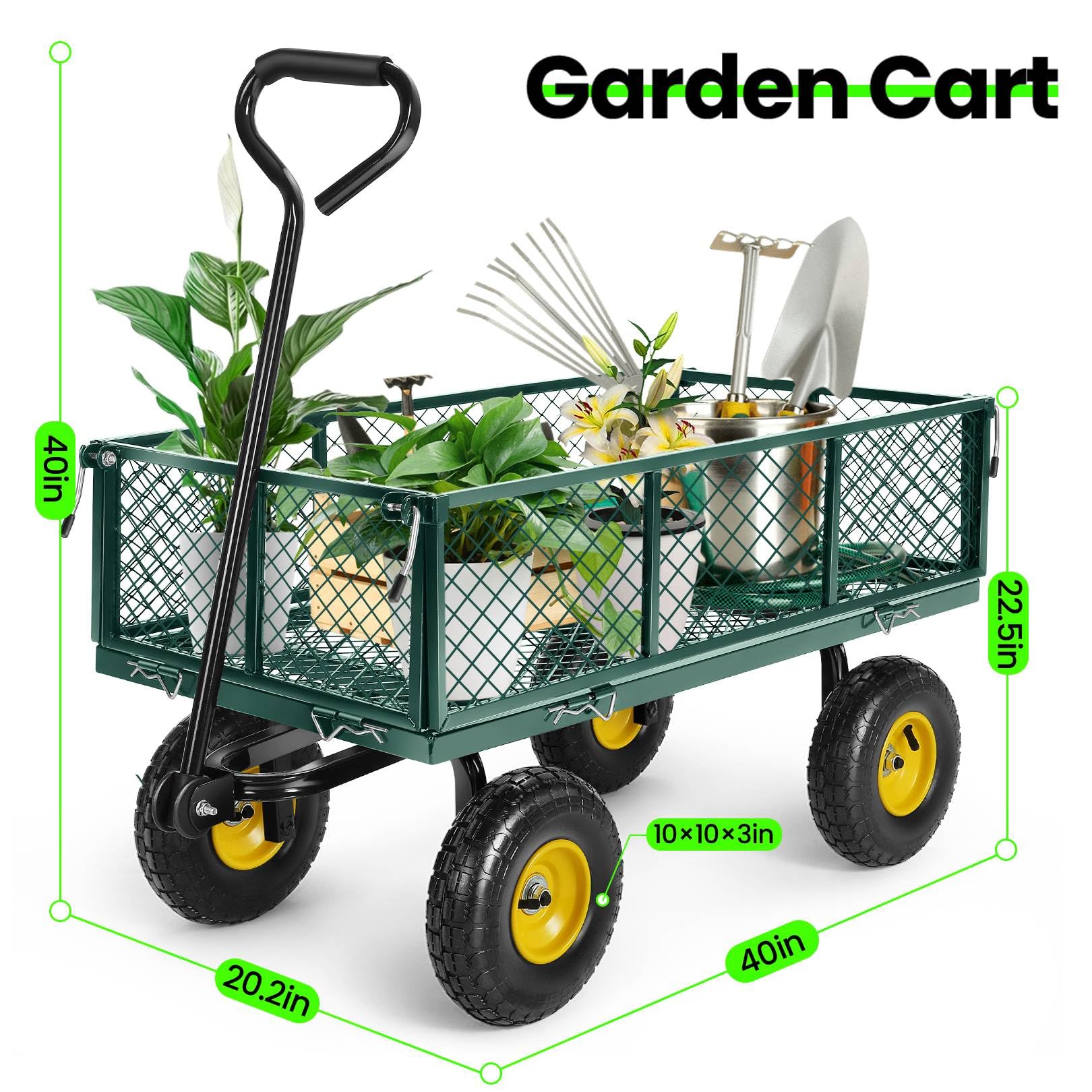 TEANDE 680Lb Garden Cart with Removable Mesh Sides to Convert into Flatbed, Utility Metal Wagon with 180° Rotating Handle, 10 inch Tires, Portable for Yard, Farm, Beach (Green, Without Oxford Cloth)