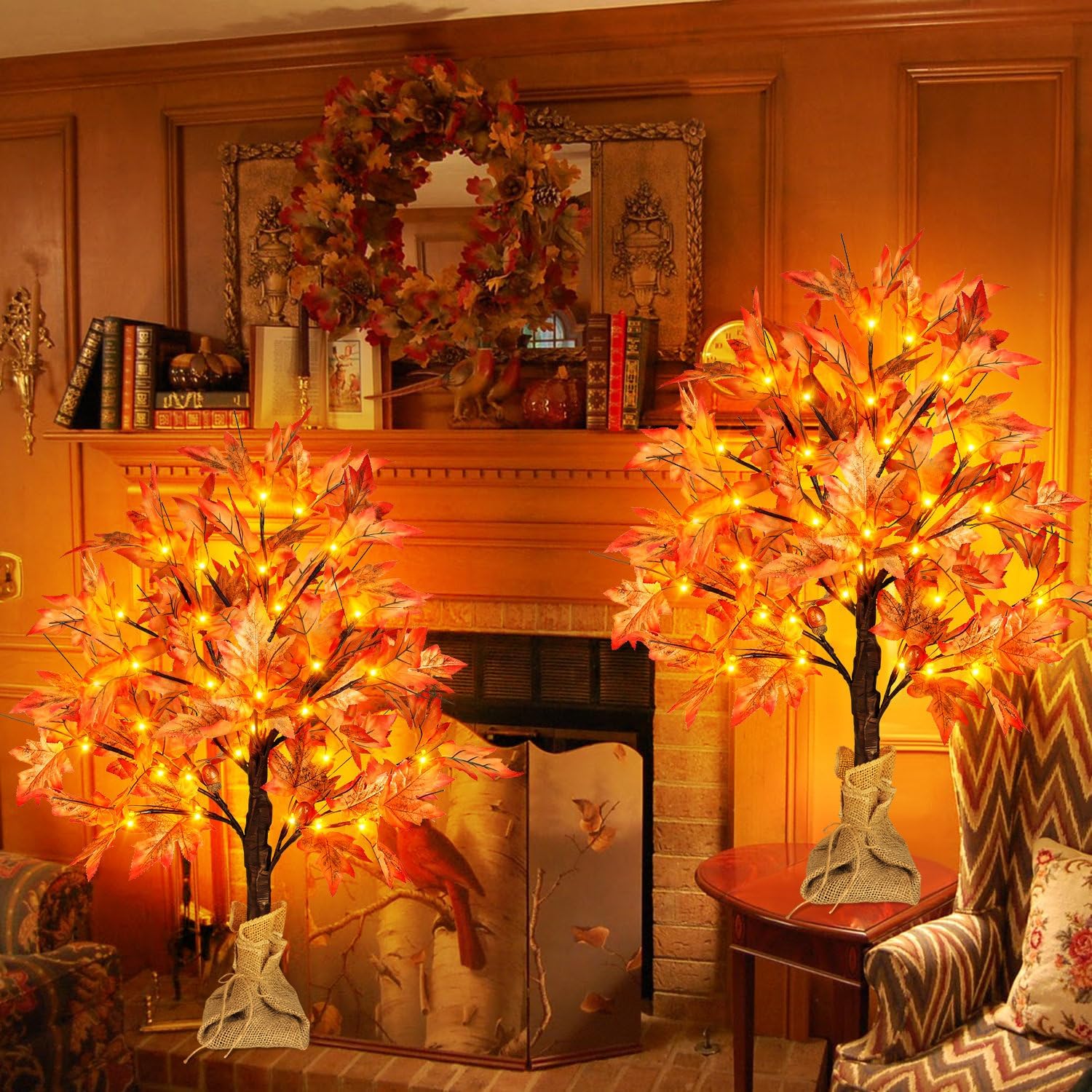 Trees - Remon 36 LED Lighted Fall Maple Tree - 2FT Thanksgiving Tabletop Lamp Decor with 72 Maple Leaves, 6 Acorns, Timer, Burlap Base, Battery Operated 24 Inch Fall Artificial Tree for Autumn Decorations
