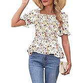 Womens Puff Short Sleeve Babydoll Tops Floral Summer Peplum Blouse Smocked Square Neck Loose Fit Ruffle Dressy Tee Shirts