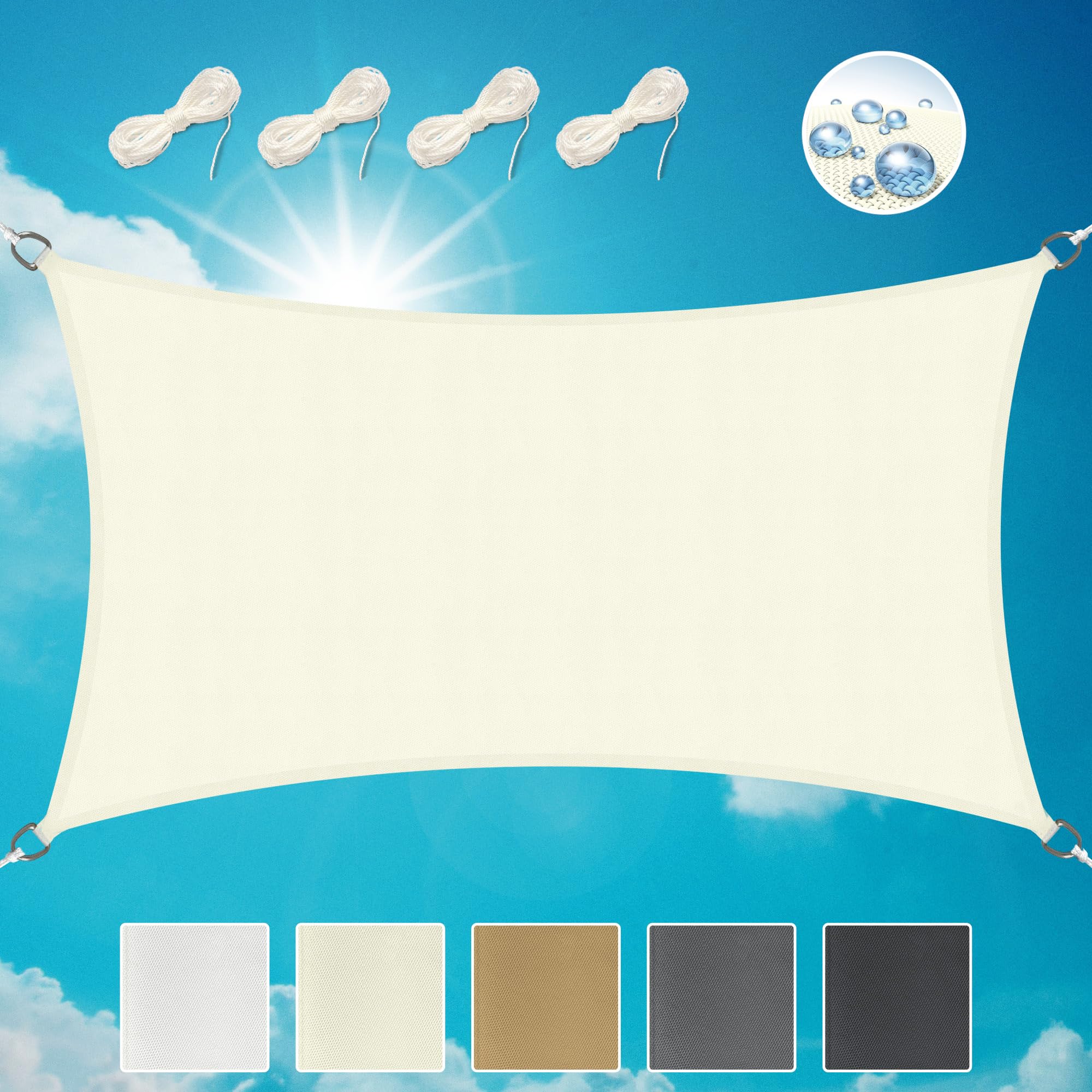 Sol Royal Rectangular Sun Shade Sail 4x2 m PES Breathable & UV-light resistant Sun Shades for Garden Sail Canopy Waterproof Terrace Balcony & Pool - 400x200 cm Creme - SolVision PS9