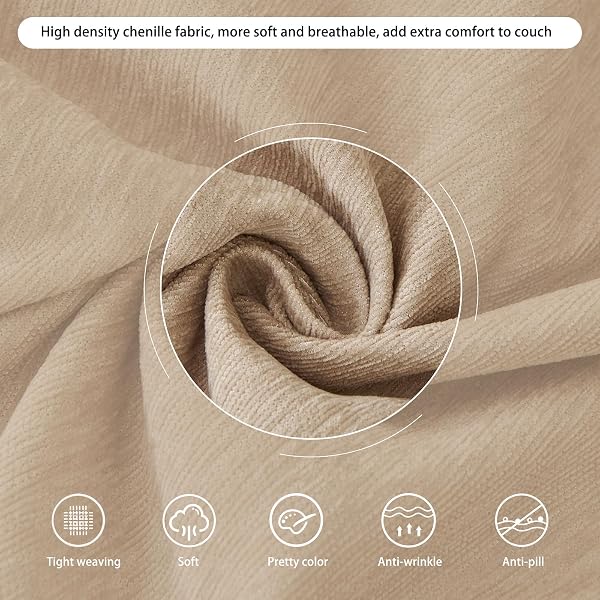 DREAMINGO SOFA COVERS WASHABLE THICK CHENILLE COUCH COVER FOR 3 CUSHION COUCH SOFA MULTI-USE COUCH COVER BLANKET MODERN PET FURNITURE PROTECTOR SECTIONAL COUCH SLIPCOVER 71″X150″, KHAKI