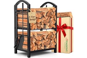 AMAGABELI GARDEN & HOME Firewood Rack Indoor with Tools 5-Piece Fireplace Tools Set Wood Holder Outdoor Wrought Iron Log Holder Heavy Duty Firewood Storage Rack for Fireplace,Fire Pit,Wood Stove Black