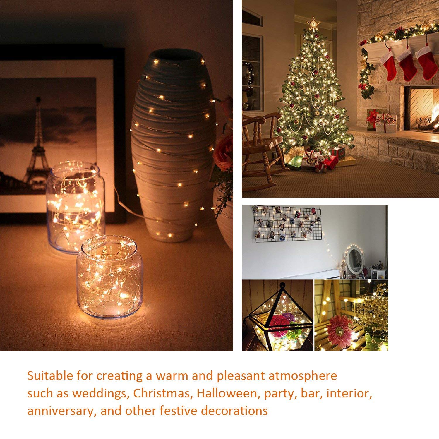 Elebor LED Fairy Lights, 2 Packs 33ft 100LED Remote Control Waterproof Deco Rope Lights Battery Operated String Lights Copper Wire Lights for Christmas (Warm)