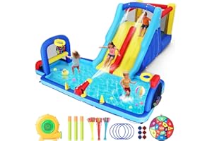 JOYLDIAS Inflatable Water Slide Bounce House, Double Slide Bouncer Castle Playhouse w/Splash Pool,Jump Area, Climbing Wall,Basketball Hoop, Water Balls, 550W Air Blower for Kids Birthday Party, Indoor Outdoor
