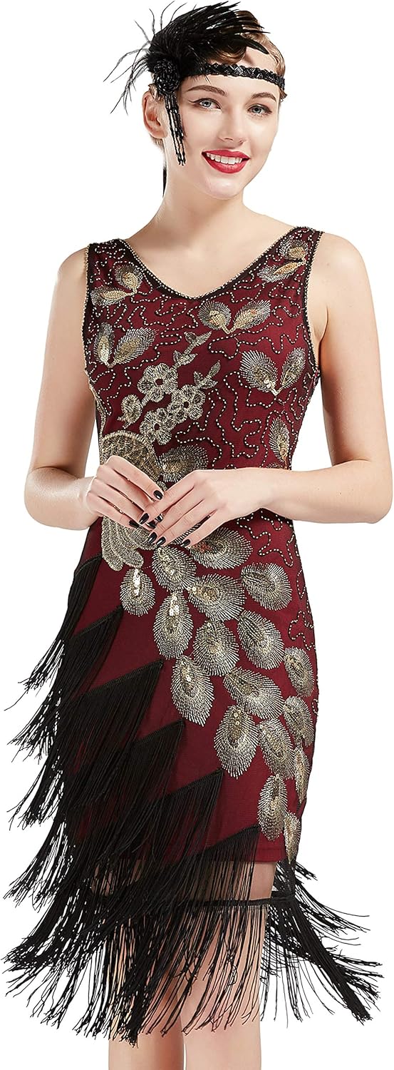 BABEYOND 1920s Vintage Peacock Sequined Dress Gatsby Fringed Flapper Dress Roaring 20s Party Dress