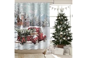 APROPHIC Rustic Christmas Red Truck Shower Curtain for Bathroom Decor Vintage Xmas Tree Snowflake Snowman Farmhouse Waterproof Fabric Shower Curtain with Hook 72x72 in