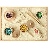 Blue Ginkgo Sensory Bin Tools – Montessori Fine Motor Skills Learning Set for Toddlers and Kids Pretend Play [9 PC] Kitchen Wooden Set with Scoops, Bamboo Tongs