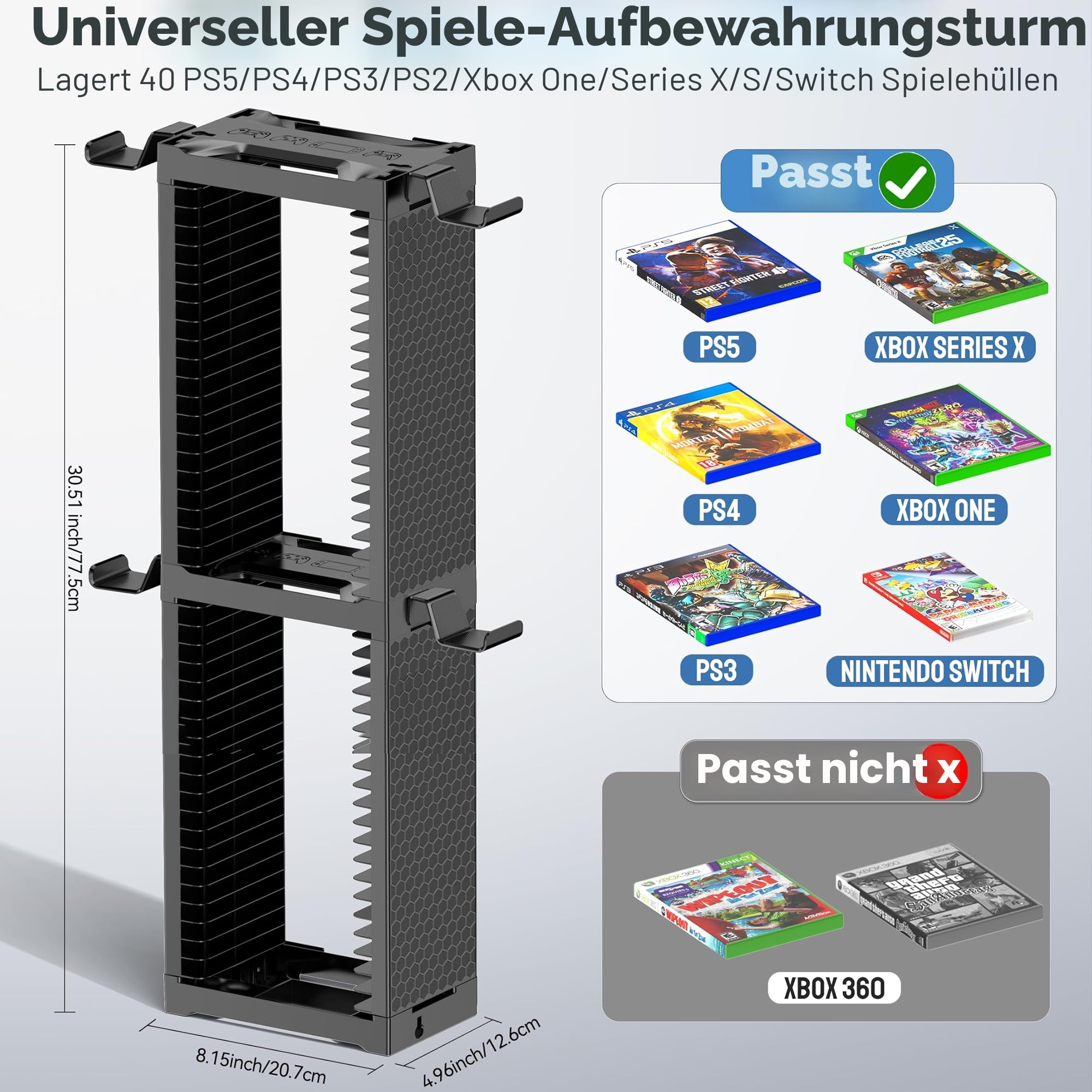 Kytok Spiele Aufbewahrung Game Storage Tower mit Controller Ständer, Spiele Organizer Wandhalterung für Nintendo Switch 2/ PS5/ PS4/ Xbox, Gaming Shelf für 20 Spiel Discs, Gaming Zubehör 2 T 2
