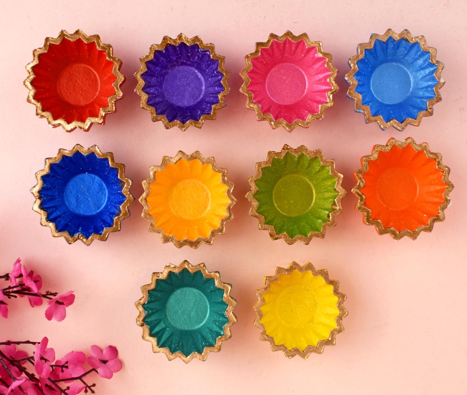 Oil Lamps & Accessories - SATVIK 10 Pc Multicolor Clay Diya Terracotta Dia Traditional Puja Vilakku Oil Lamp Natural Mitti Diya Tea Light Welcome Diwali Deepawali Navratri Pooja Décorations Indian Housewarming Return Gift Item