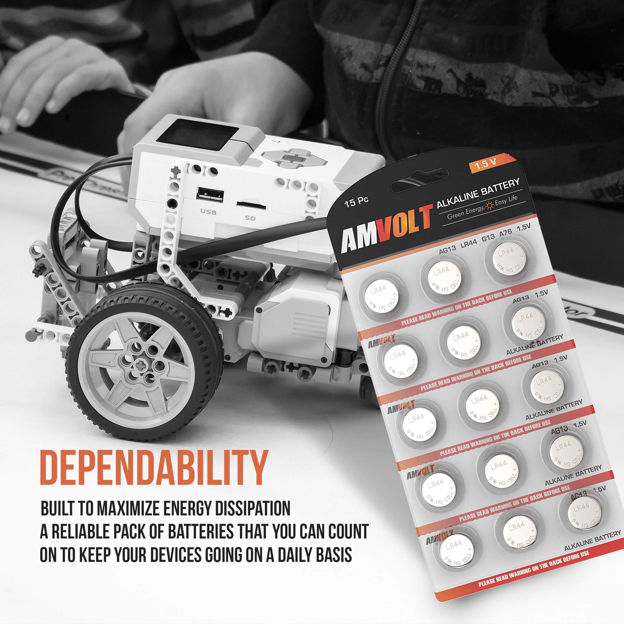AmVolt- Pack of 15 LR44 Batteries AG13 SR44 357 303 Premium Alkaline Non Rechargeable Button Battery, 1.5 Volt Small Batteries for Watches Clocks & Electronic Devices