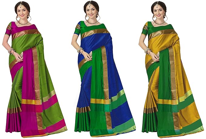 Cotton Saree with Blouse Piece (Pack of 3) (PACK OF-3-COMBO-1101_Green, Blue & Mustard_Free Size)