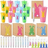 Willinglong 12 Set / 60 Pcs Easter Gift Include 24 oz Tumbler with Lids and Straws, Bunny Notebook, Colorful Pen for Easter Party Favor Basket Stuffers Classroom Prizes Gifts