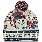 Frosty The Snowman Men's Beanie Winter Fun Fair Isle Frosty Design Fold Cuff Top Pom Knit Beanie Hat OSFM