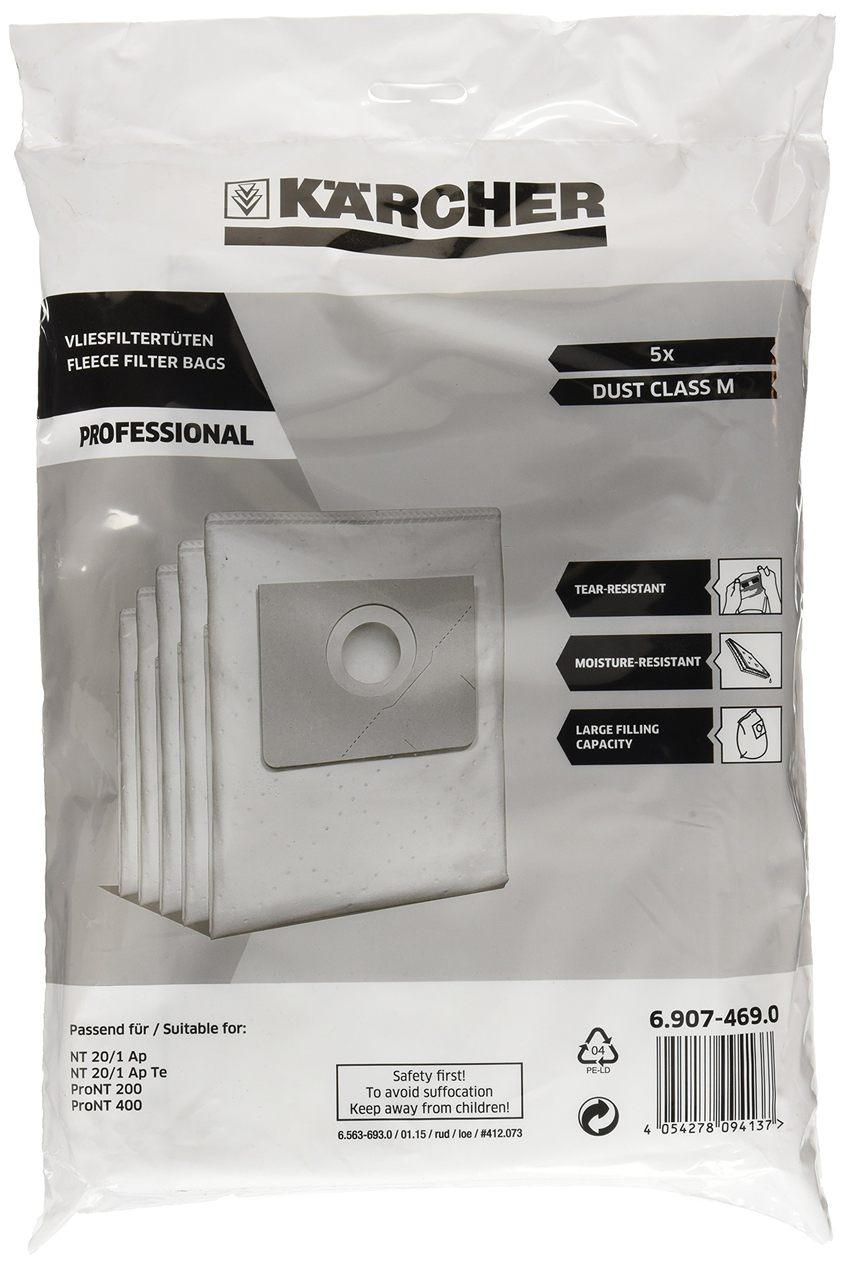 Karcher Fleece Dust Bags for NT 20/1 Vacuum Cleaners Pack of 5
