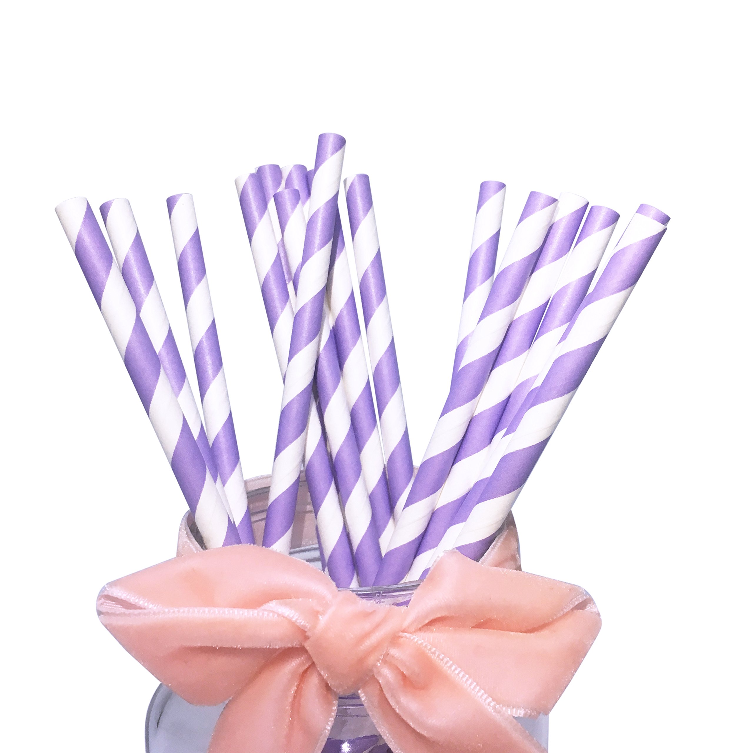 Purple and White Striped Paper Straw, Pack of 100 Biodegradable Lilac and Lavender Stripes Paper Drinking Straws for Parties, Birthdays, Weddings, DIY Decorations