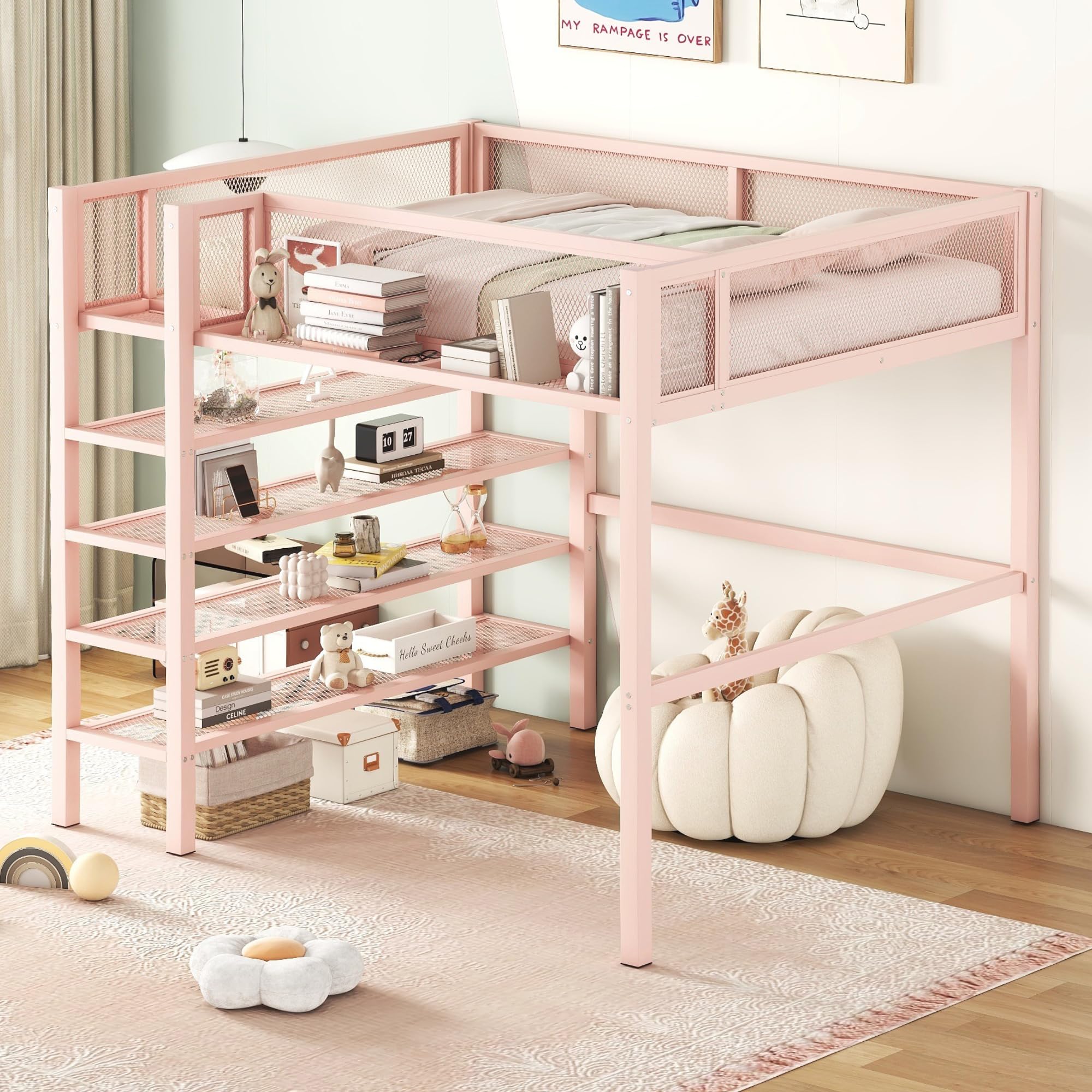 Photo 1 of *ONLY BOX 2OF2* Merax Full Size Metal Loft Bed with 4-Tier Shelves and Storage, Full Loft Bed Frame for Dorm, Boys & Girls, Teens, No Box Spring Needed, Pink
