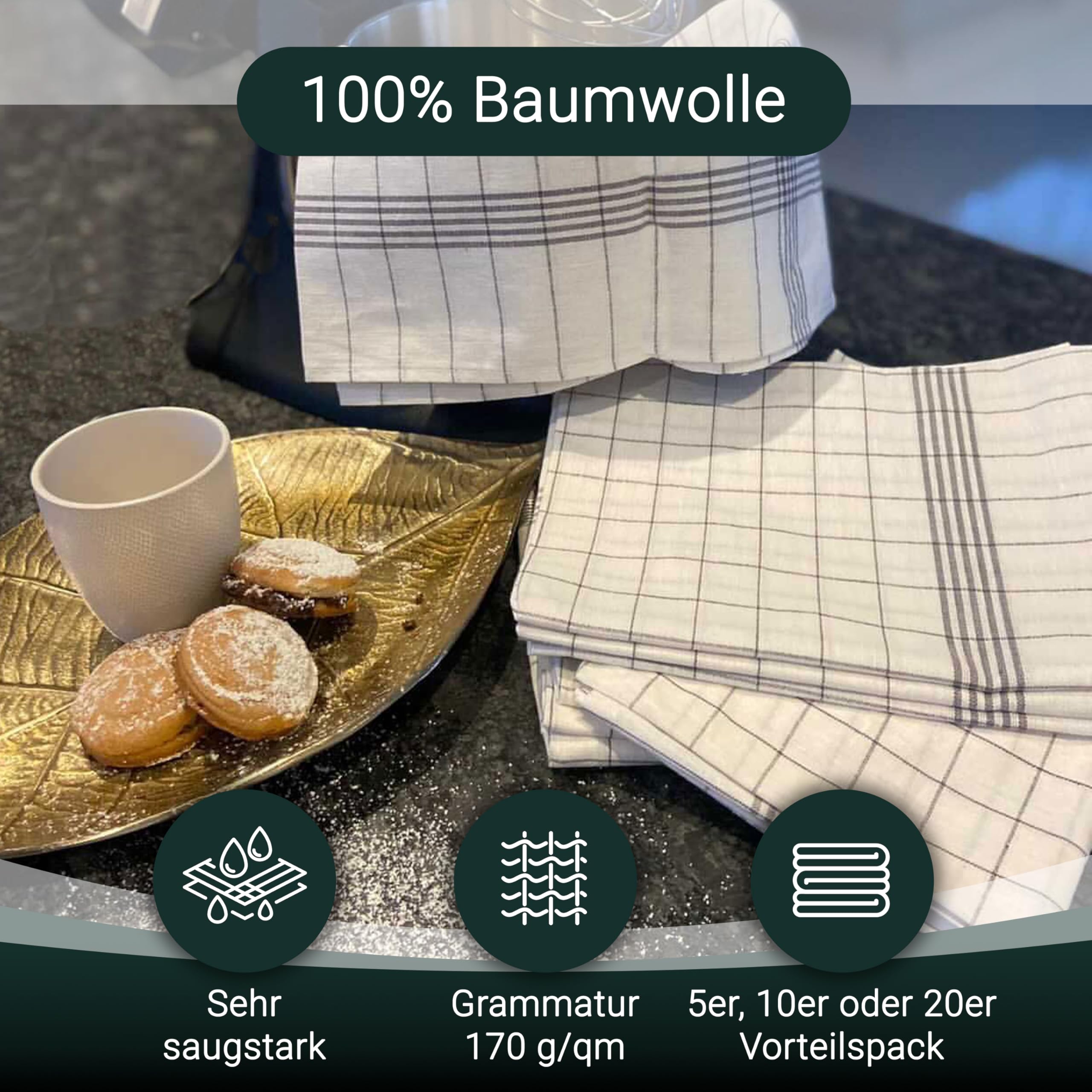 ZOLLNER 10er Set Geschirrtücher Baumwolle in 50x70 cm - super saugstarke und langlebige Küchentücher - waschbar bis 95°C – in grau weiß kariert - Gastronomiequalität - Oeko Tex® Zertifiziert 2