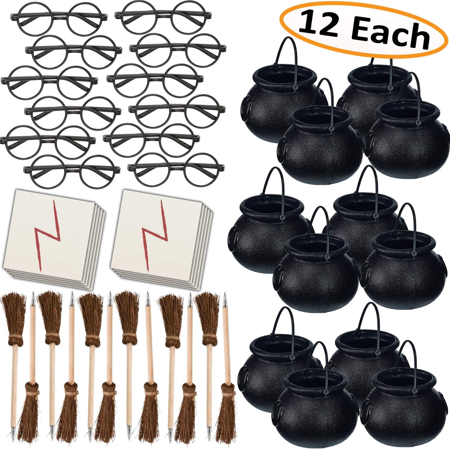 Wizard Party Favors for 12 - Includes Broom Pens, Cauldron, Glasses, and Lightning Scar Tattoos - Perfect for a Wizard School Theme Birthday Party (12 of each)