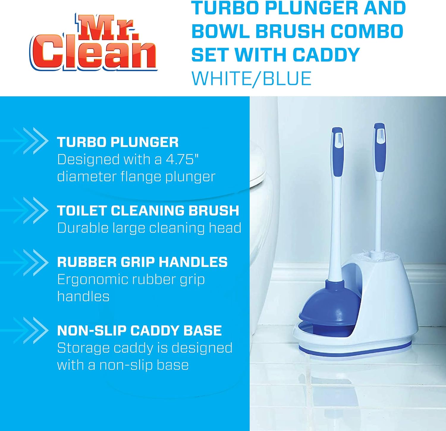 Mr Clean 440436 Combo, White/Blue Plunger and Bowl Brush Caddy Set, Toilet, Turbo Plunger & Brush: Home Improvement