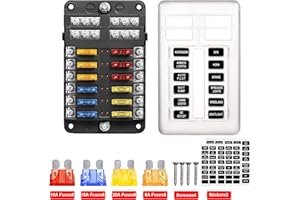 Kofarrten 12 Way Blade Fuse Block, 12V Automotive Fuse Box Holder, Waterproof Cover with Negative Bus Fuse Panel LED Indicato