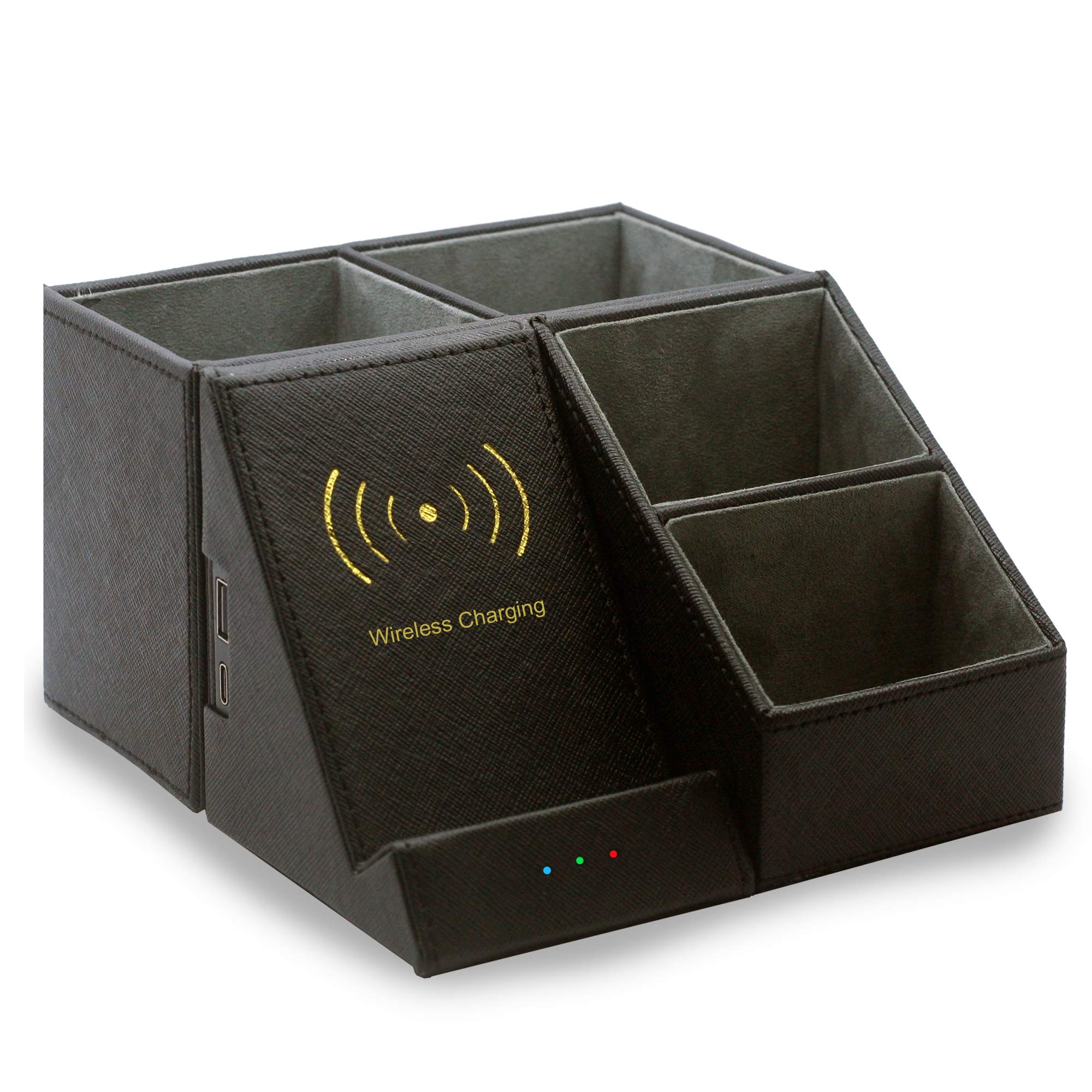 3 in 1 Desk Organizer/Make Up Brush Holder with Qi Fast Wireless Charging Dock Three magnetic detachable compartments to fit any design compatible with all Qi-Enabled devices