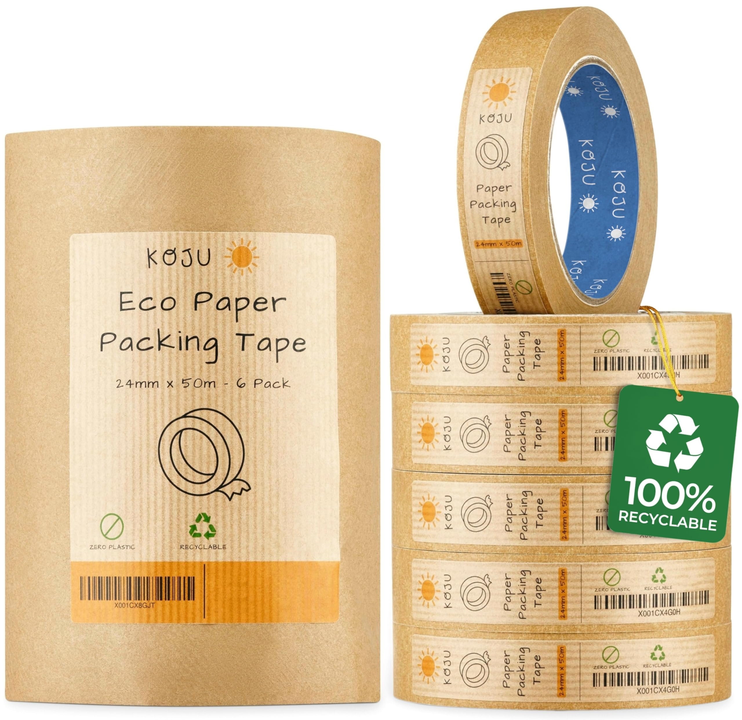 Koju Kraft Paper Packing Tape 24mm x 50m | 1/3/6/36 packs | Eco Friendly & Recyclable Brown Paper Tape for Parcel Packing & Picture Framing | 6 Pack