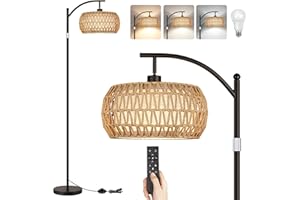 ROTTOGOON Boho Floor Lamp with Dimmable Bulb, Rattan &Linen Double Shades, Boho Standing Tall Lamps with Foot Switch, Bohemian Floor Lamps for Living Room, Bedroom, Office