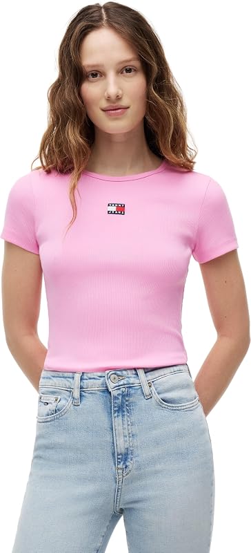 Camiseta Tjw Slim Badge Rib tee DW0DW17881 S/S para Mujer, Color Rosa (Margarita Rosa), Talla S