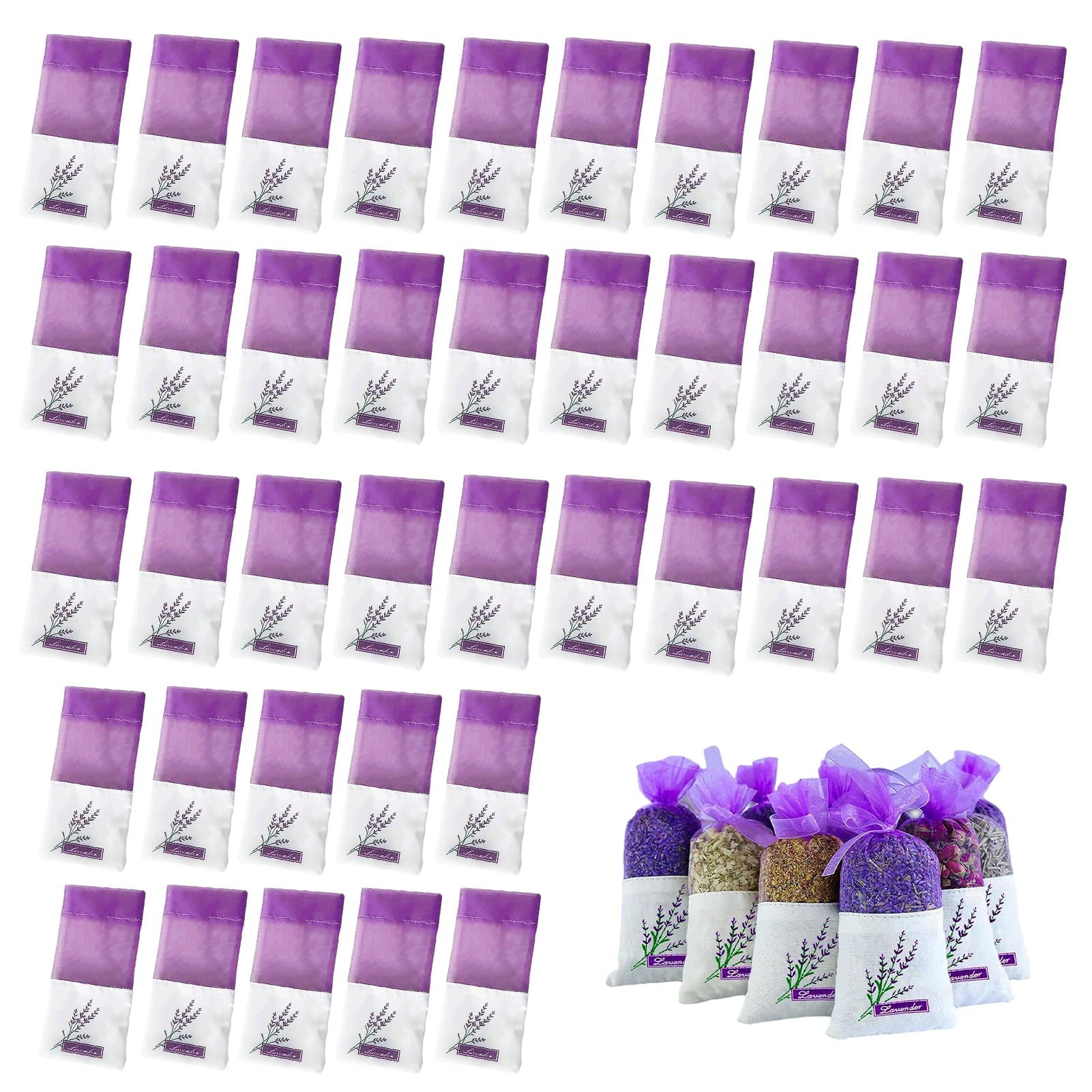 40Pcs Lavender Bag,Empty Lavender Sachets Bag,Dried Lavender Bags,Sachet Bags with 40 Ribbons,Lavender Sachets with Spice and Herbs Perfect for Wardrobes and Drawers
