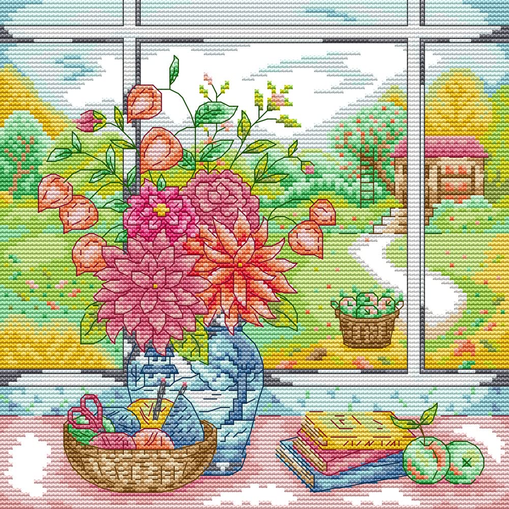 Awesocrafts Cross Stitch Stamped Kits Vase on Windowsill Easy Patterns Cross Stitching Embroidery Needlework Kit Supplies (Vase 4)