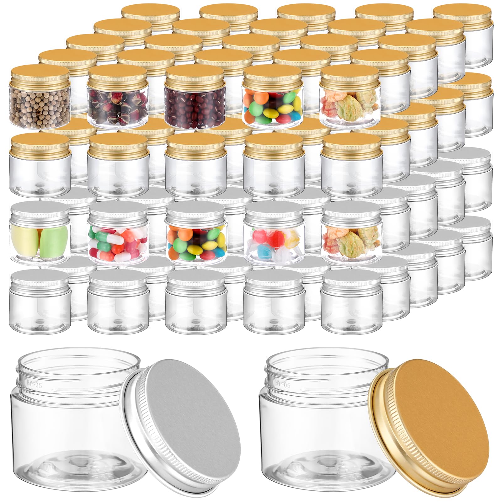 Photo 1 of Meanplan 100 Pcs 2 oz Plastic Container Jars Clear Round Cosmetic Container with Lids, Plastic Jars with Screw Lids for Travel Storage, Kitchen Use, DIY Crafts(Gold, Silver,Aluminum)