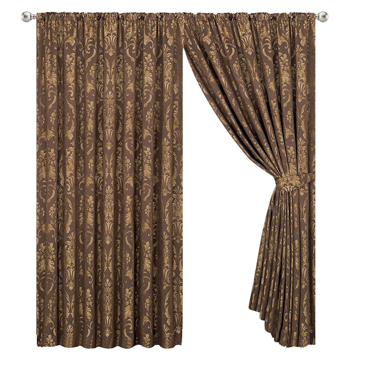 Jacquard Luxury Chocolate Brown With Golden Print Curtains Inc Matching