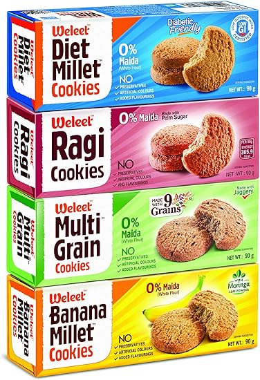 Weleet Multi Grain Millet Ragi Banana Digestive Cookies Diabetic Friendly Home Office Snack 4 Flavours 360 Gm Amazon In Grocery Gourmet Foods