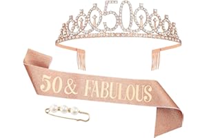 AhlsenL 50 and Fabulous Sash & Rhinestone Tiara Set for 50th Women Birthday Party Supplies, Favors and Decorations (Rose Gold