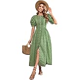 R.Vivimos Women Summer Maxi Dress Cotton Puff Sleeve Square Neck Vintage Floral Print Button Down A-Line Cottagecore Dress