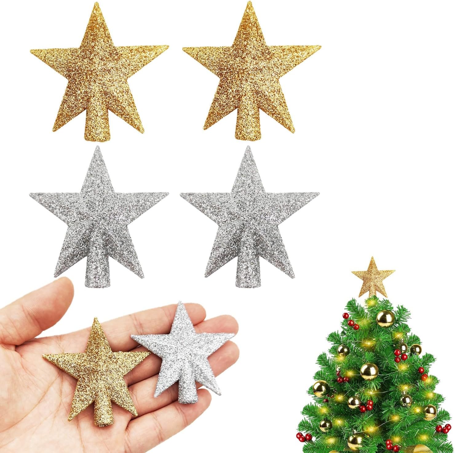 Tree Toppers - 4 Pcs Mini Star Christmas Tree Topper 2.36 Inch Glitter Gold Silver Small Christmas Star Tree Topper for Xmas Holiday Tree Ornament Home Decor