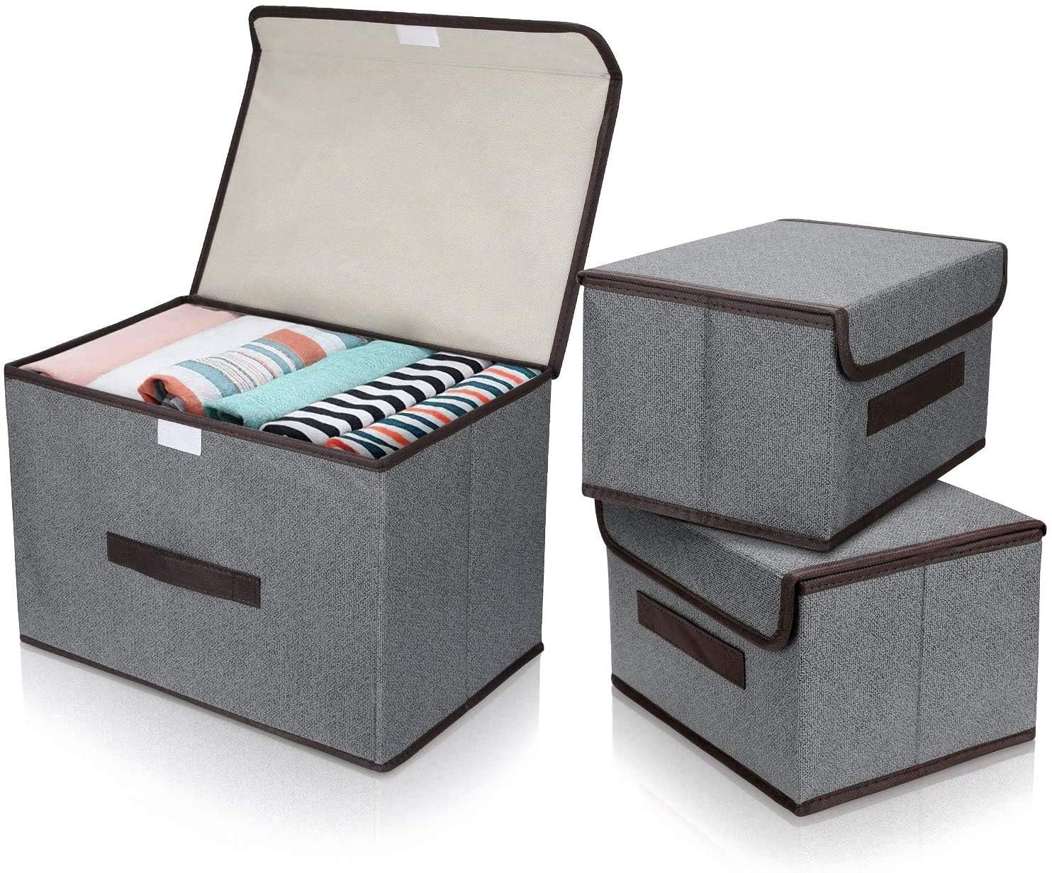 DIMJ 3Pack Fabric Storage Boxes with Lids – Multiple Size Organiser Boxes for Clothes, Bedding, Toys, Collapsible Storage Cubes with Handle, Magic Seal, Cardboard Base, Grey