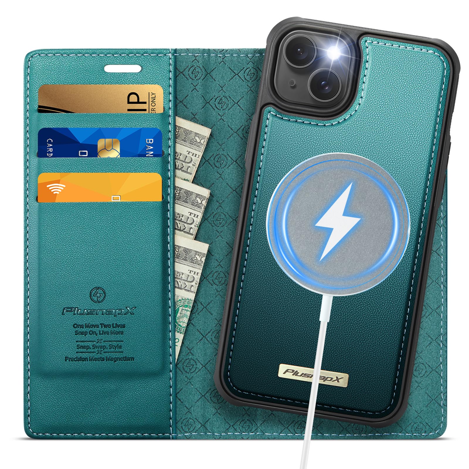Photo 1 of PlusnapX Wallet Case for iPhone 15 Compatible with Magsafe, 2-in-1 PU Leather Flip RFID Blocking Card Holder Stand Shockproof Magnetic Detachable Cover for iPhone 15 Case 6.1", Bluegreen